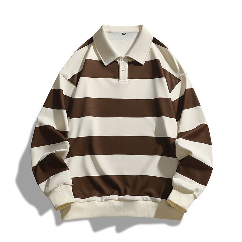 クロスボーダーメンズTシャツ春秋ポロストライプスウェットシャツ暖かいゆったり秋ラペル長袖万能長袖Tシャツ|undefined