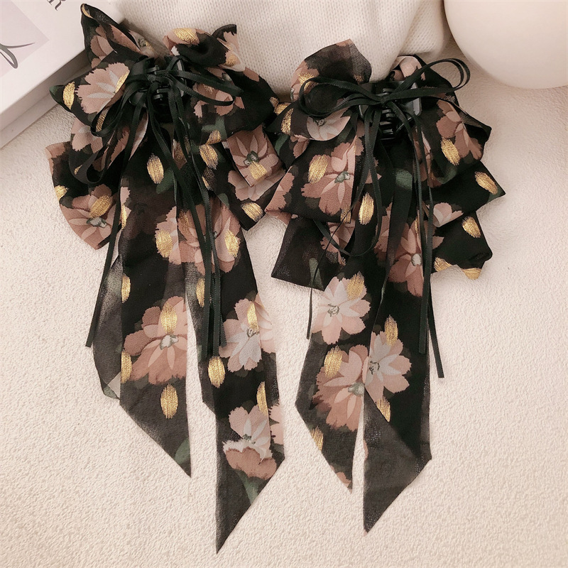 Nuevo estilo francés retro floral bowknot cola de caballo pinza de agarre temperamento ambiente de alto nivel sentido horquilla en la parte posterior de la cabeza