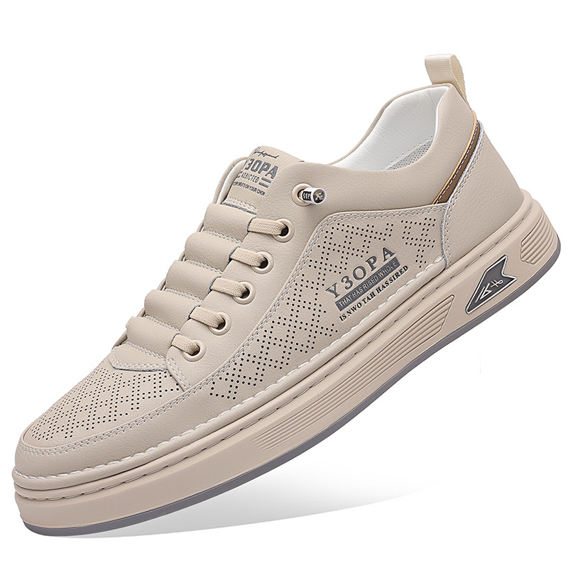 Zapatos de hombre 2026 primavera nuevos zapatos de skate huecos transpirables con un pedale agujero zapatos de cuero deportivos casuales versátiles zapatos blancos pequeños