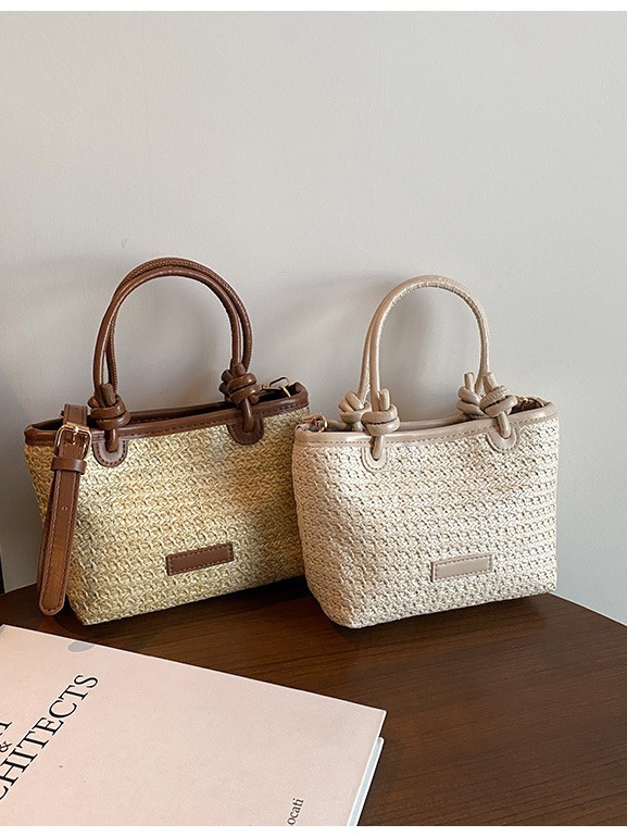 Cross-Border Retro Stitching Handbag Women's 2025 New Straw Fashion Shoulder Crossbody Bag Commuting Large Capacity
