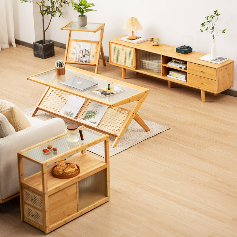 Mesa de café de vidrio sala de estar estilo japonés estilo de registro mesa de té de ratán hogar pequeño apartamento rectangular mesa de té simple nuevo