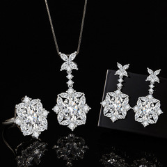 歐美奢華彩寶仿真白鋯石耳環吊墜戒指三件套高級首飾套裝一件代發