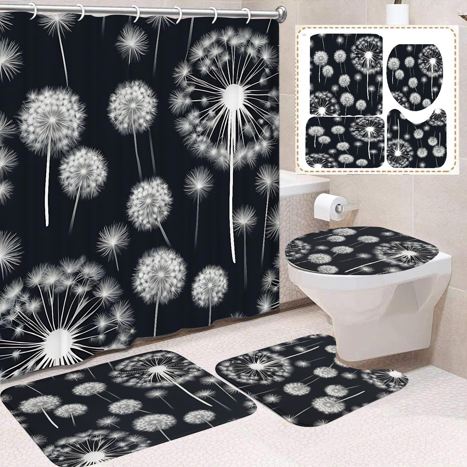 Flor blanca cortina de baño inodoro cortina de partición impermeable de baño cortina de lavado separación seca y húmeda cortina de puerta colgante sin agujeros