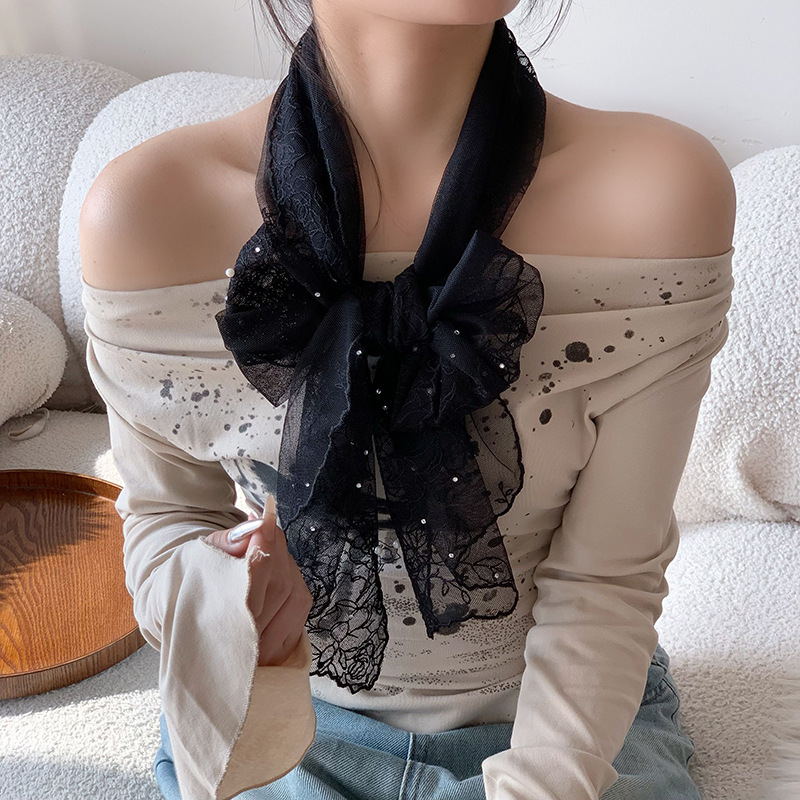 Bufandas de seda de alta calidad primavera y verano encaje clavos perlas bufandas de seda gancho flores bordadas bufandas de diseño