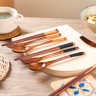 Retro portable chopsticks fork three-piece wooden tableware wooden spoon household chopsticks Chopsticks fork chopsticks suit nanmu