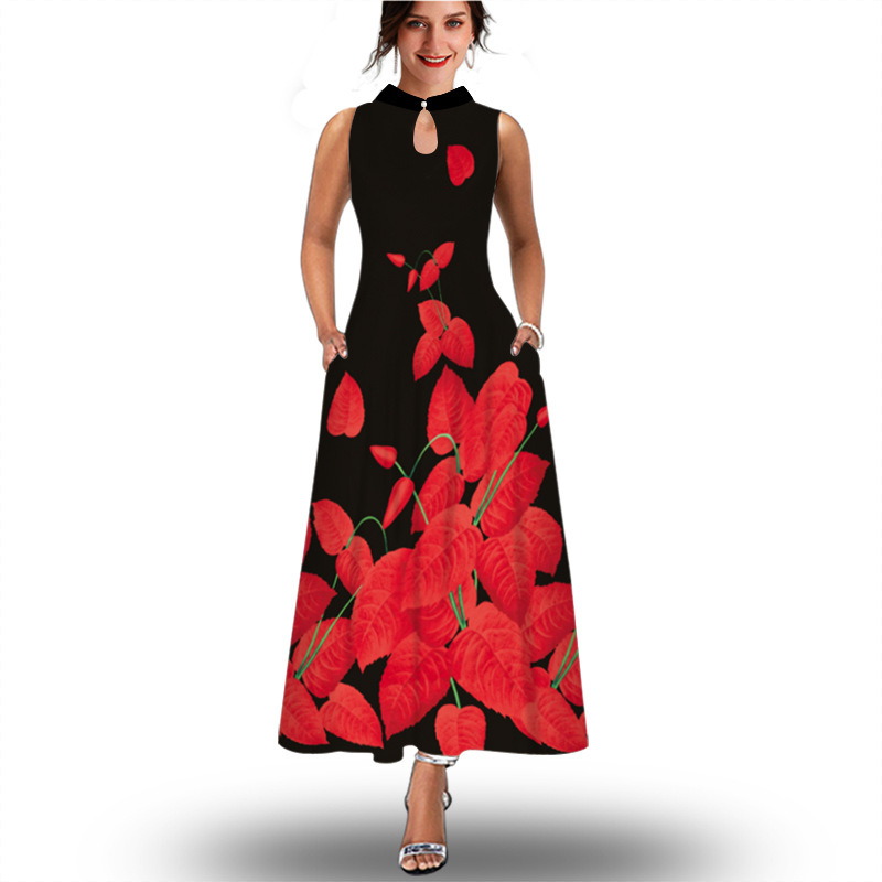 2022 Cross-border European and American New Arrival Sleeve Long Dress Women's Casual Printed Large Swing Dress Bohemian Beach Long Dress