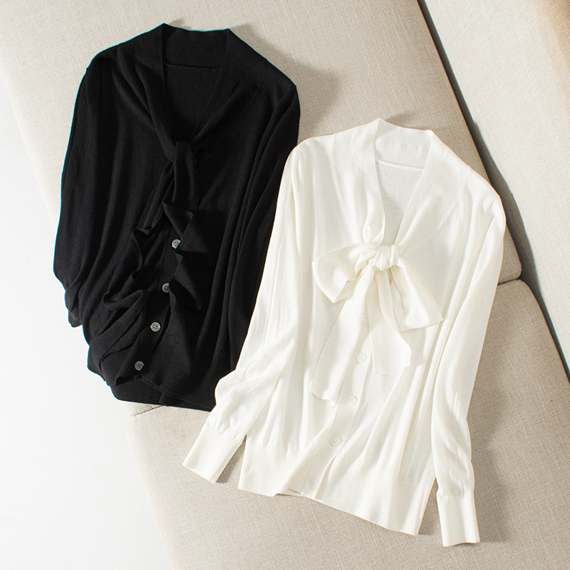 Soft White Ribbon Knitted Shirt Early Autumn Long Sleeve Knitted Cardigan