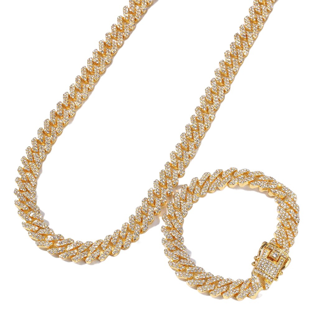 Transfronterizo europeo y americano estilo barra en forma de cadena cubana personalidad de los hombres electrochapado aleación llena de diamantes apilados hip hop collar de cadena al por mayor