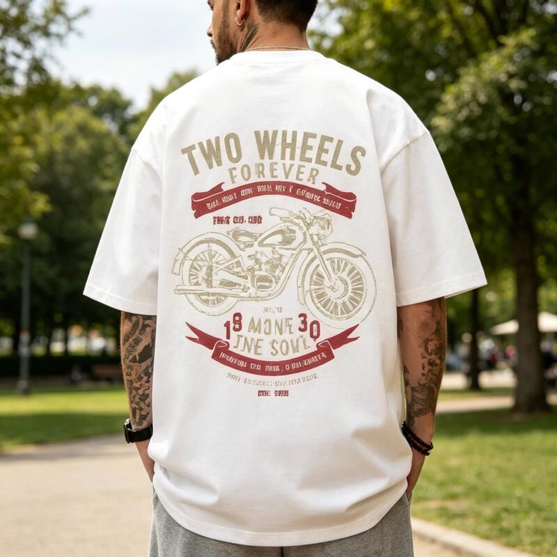 Pure Cotton Trendy Retro Biker Loose Short-Sleeve T-Shirt for Men, American Hip-Hop Style, Plus-Size Oversized Men's Clothing