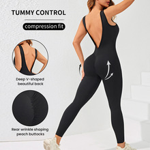 欧美新款深V一体式连体衣 弹力紧身速干瑜伽服美背舞蹈运动健身服