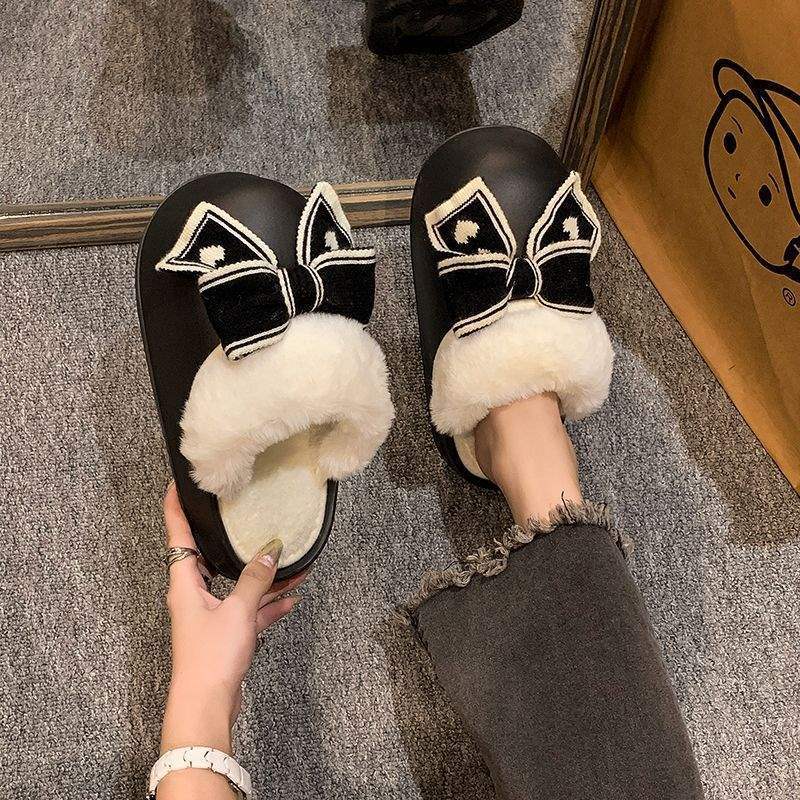 Academy-Style Bowknot Heart Plush Detachable Inner Liner Closed-Toe Slippers for Women, Autumn and Winter Fashion, Non-Slip Cotton Slippers for Outdoor Wear