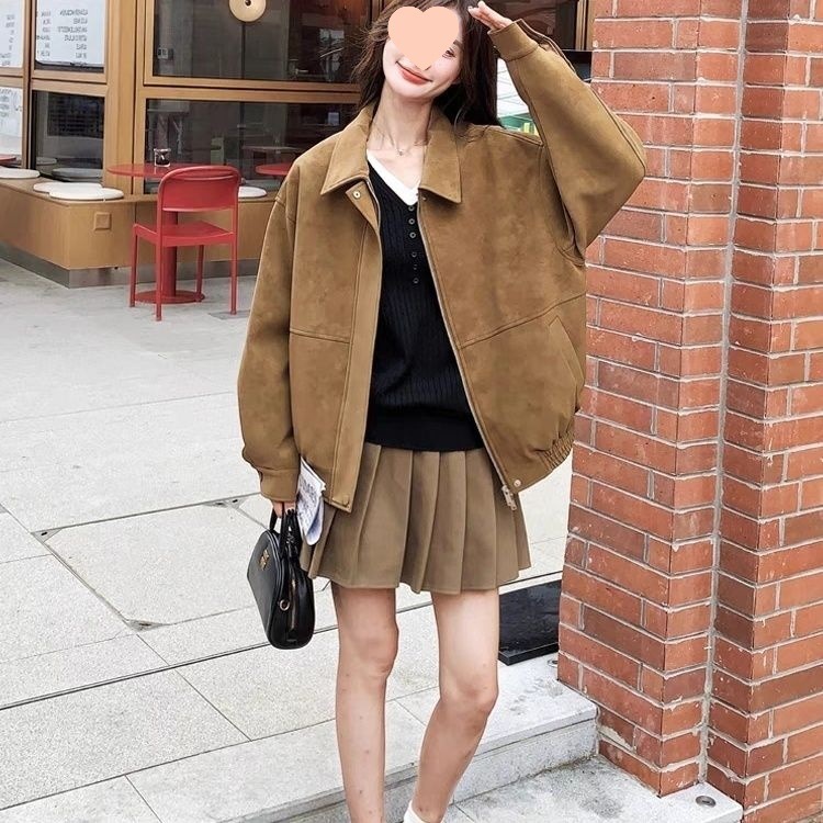 咖色美拉德麂皮绒外套女2025秋季新款小个子美式复古拉链翻领夹克|undefined