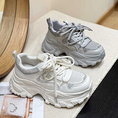 真皮镂空甜酷松糕网面老爹鞋女2025新款夏百搭厚底水钻透气运动鞋
