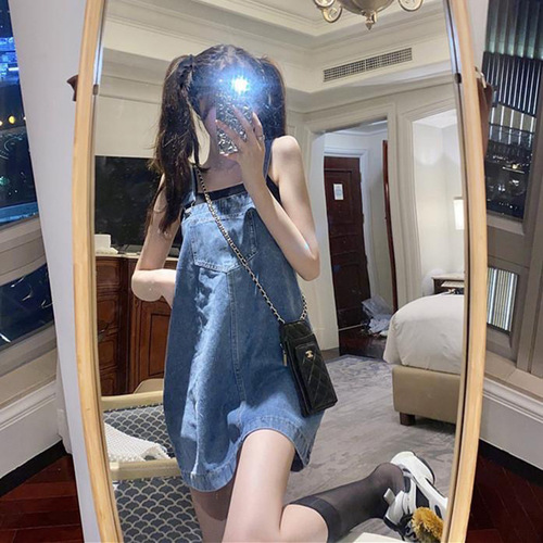 Denim Overalls Dress Women Spring Autumn Cute Japanese Style One-piece Dress Student Korean Version Loose Short Skirt