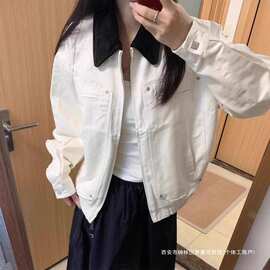 跨境美式复古拼色翻领外套女秋季2025新款休闲宽松男女棒球服夹克
