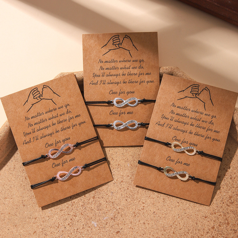 2 Bracelets with the Figure-Eight Symbol Inlaid with Rhinestones, Card with Blessings, Friendship, Love, Family, Letter Bracelet