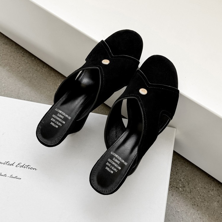 Sandal nữ da cừu hở mũi quai chéo gót xuồng 5 cm — màu nâu, Trang chủ, màu đen chi tiết 100