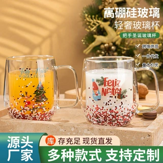 亚马逊新款圣诞杯客厅餐厅酒吧亮片杯子卡通双层杯玻璃把手杯批发