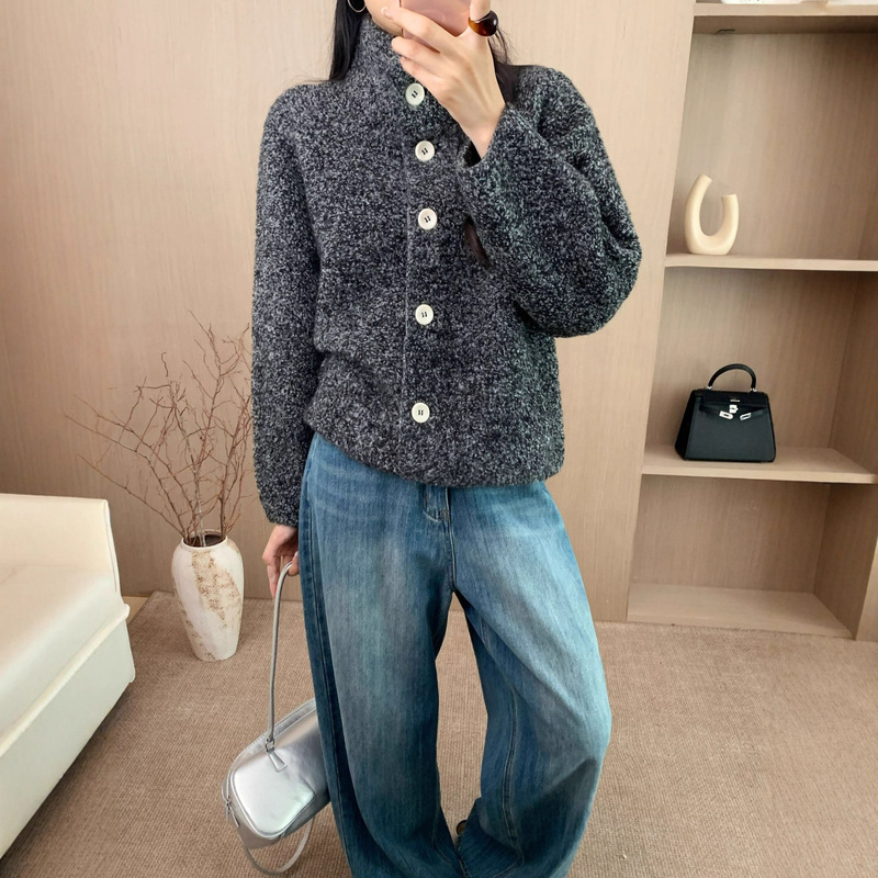 韩系时尚高领单排扣100%绵羊毛加厚开衫外套女柔软羊羔毛翻领毛衣|undefined