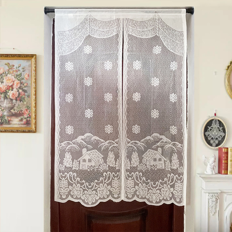 French-Style Fresh Lace Sheer Curtain for Kitchen Cabinet, Half Curtain, Short Curtain, American-Style No-Punch Bathroom Blocking Curtain, Door Curtain