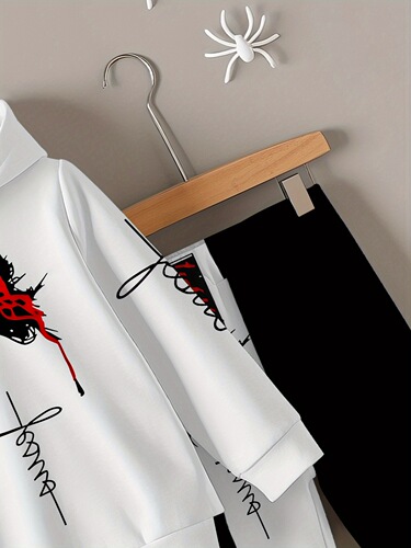 Hooded hooded hoodie set for boys and girls, stylish black and white print, making it comfortable to go out and exercise in spring and autumn