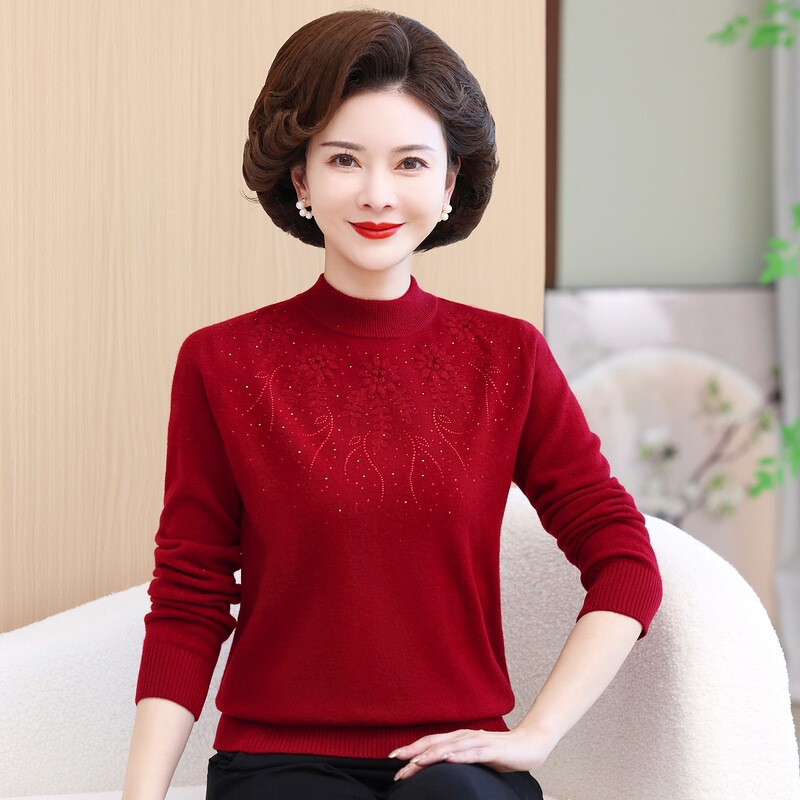 Foreign-style mother autumn and winter sweater fashion base shirt 100 pure wool sweater 2024 new middle-aged and elderly women's clothing