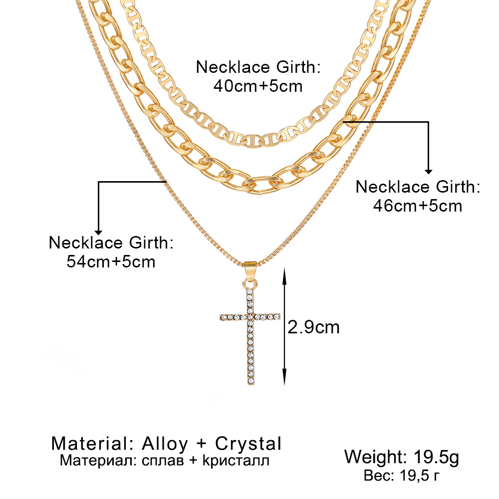 Geometric, Cross Pattern Women's Gender Plating, Inlay Design Casual Retro Geometric Cross Alloy Plating Inlay Zircon Women's Three Layer Necklace
