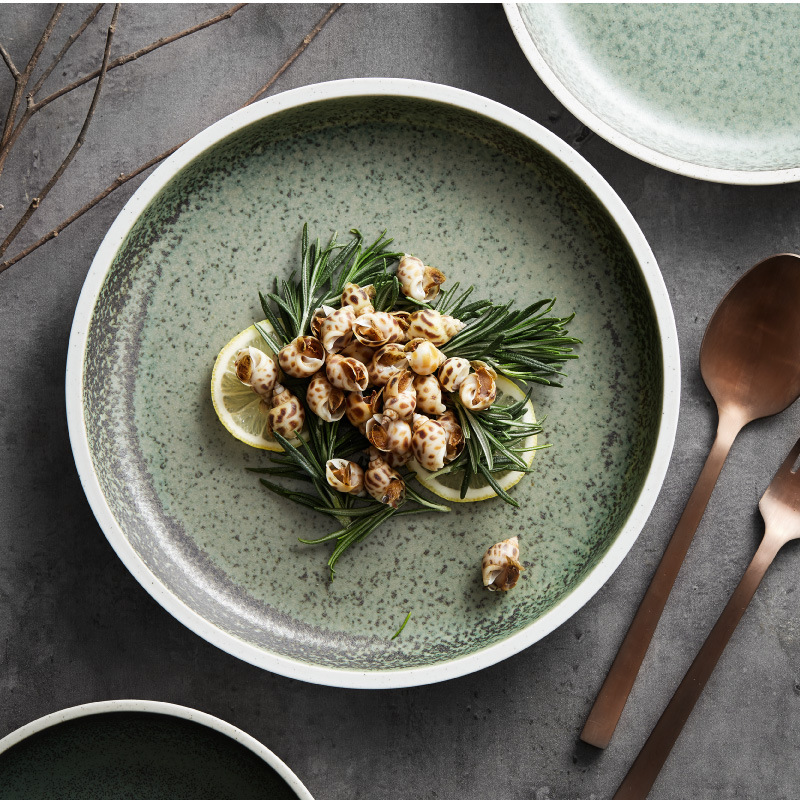 Horno redondo de estilo japonés, plato occidental de cerámica vidriada, plato de verduras profundas, plato frío atractivo, restaurante de hotel, vajilla de restaurante