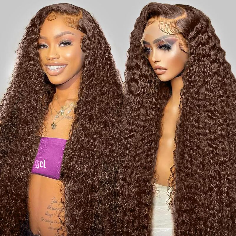 Chocolate Brown Wig, Deep Wave Lace Front Wig, Colorful Deep Curly Lace Front Wig, Glue-Free Wig