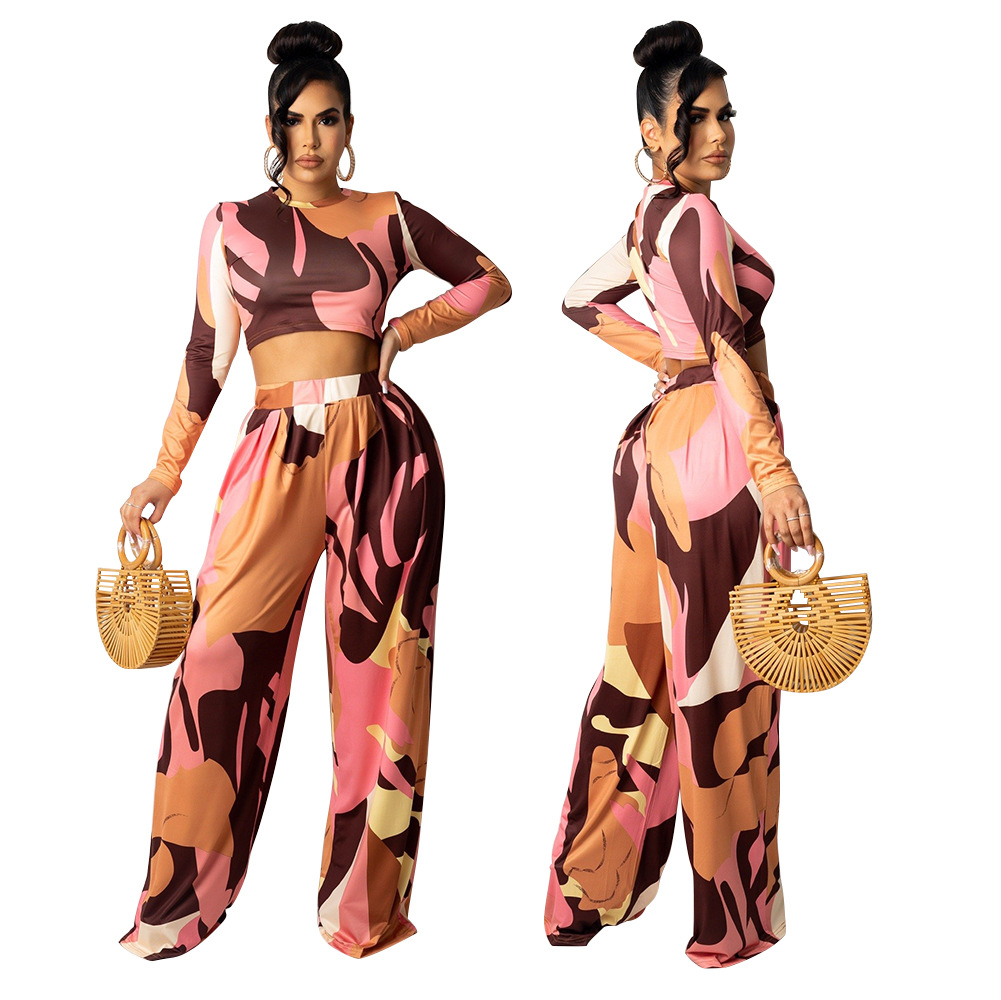 women s long-sleeved top with bell bottoms digital printing two-piece suit nihaostyles clothing wholesale NSOSD79488