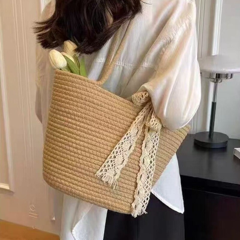 French-Style Woven Bag for Women, New Summer Fashion Straw Beach Bag, Large Capacity Basket Shoulder Bucket Bag French-Style Woven Bag for Women, New Summer Fashion Straw Beach Bag, Large Capacity Basket Shoulder Bucket Bag