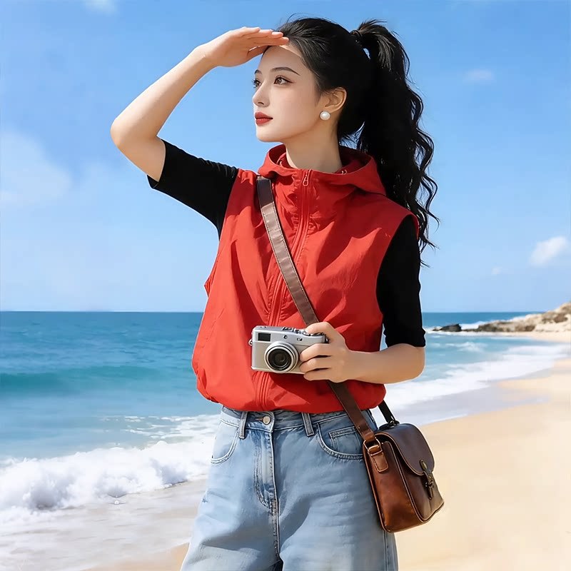 2026 New Spring and Autumn Thin Single-Layer Sun Protection Vest for Women, Loose Fit, Hooded, Breathable, Hot Selling Style