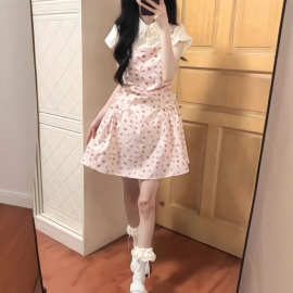 法式小香风粉红色爱心少女公主裙小个子显瘦波点吊带假两件连衣裙