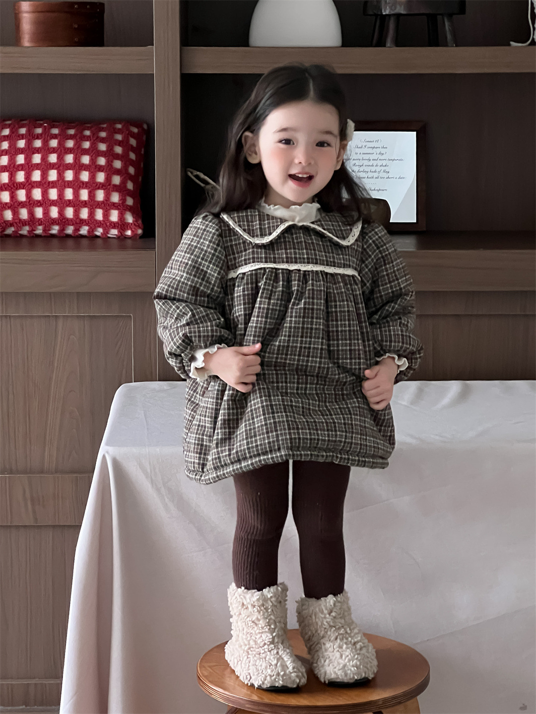 Invierno infantil de lana vestido a cuadros vestido de bebé 2024 ropa de invierno coreana ropa infantil vestido de niñas grueso image 6