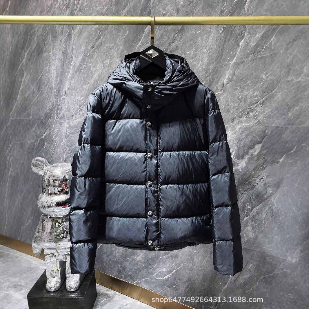 Winter Cross-Border European-Style Hooded Dark Pattern down Jacket Warm Men's Casual Short Coat with Detachable Hood