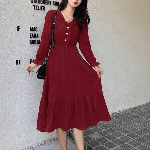 New Hepburn-style French dress long-sleeved autumn and winter dress for women with waist A-line slimming mid-length fairy skirt