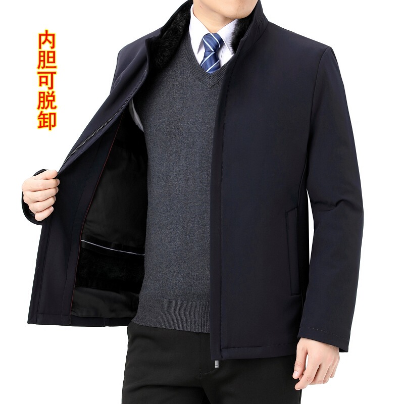 High-end mink fur collar down jacket men's winter thickened warm rabbit fur middle-aged and elderly dad nylon overcoat