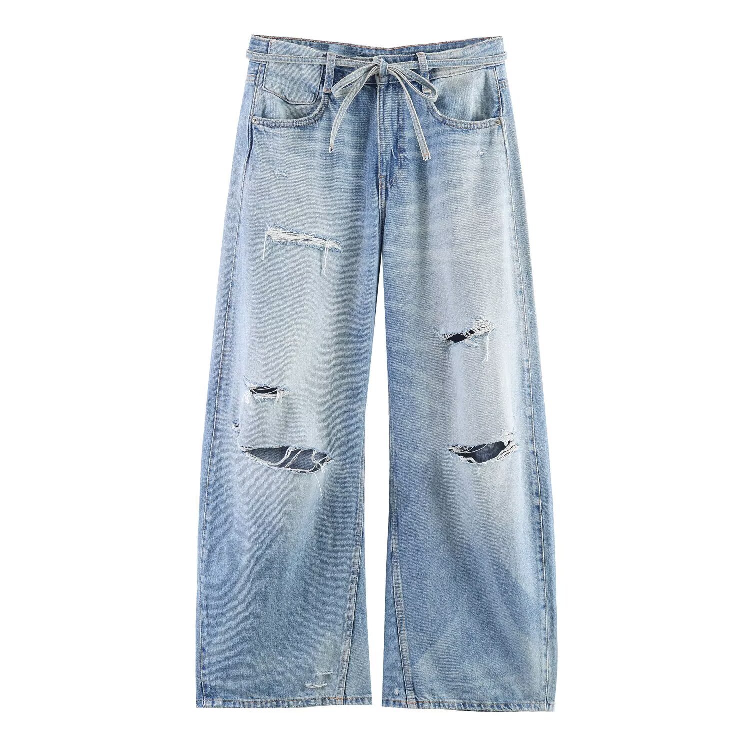 Women's Distressed Mid-Rise Relaxed Fit Wide-Leg Jeans, Ripped Denim Pants For Casual Street Style Comfortable Mid-Rise Relaxed Waistband_ecoleips.com