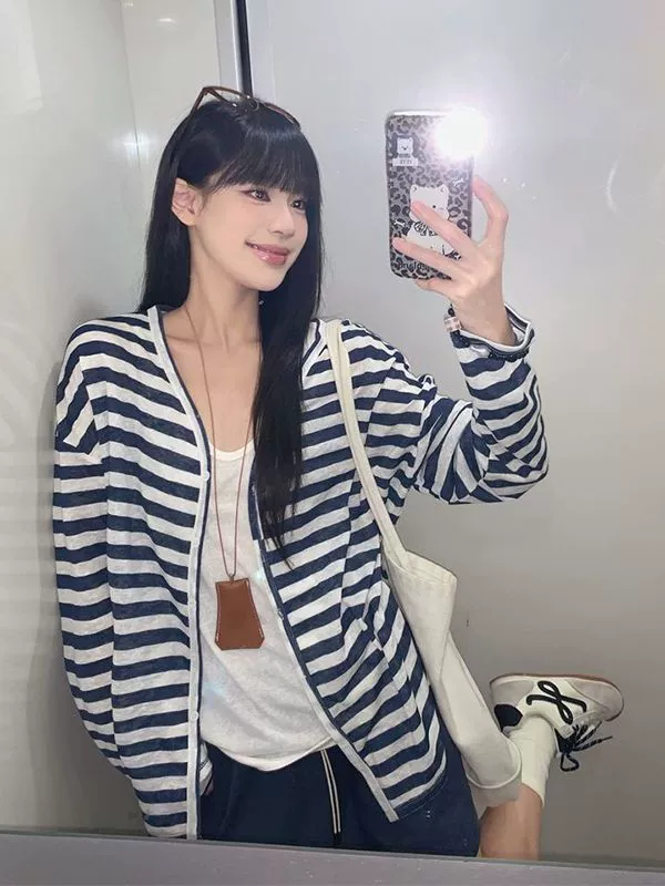 Retro long-sleeve, summer thin jacket, V-neckline, sun protection, oversize