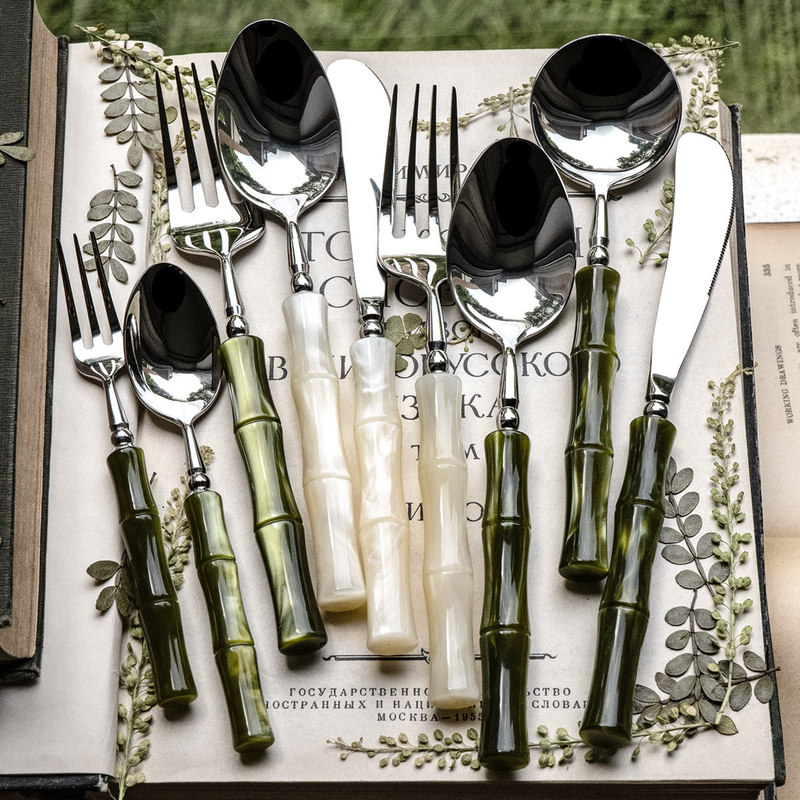 Thickened 304 Stainless Steel Knife, Fork, and Spoon with Acrylic Bamboo Handle, Ins-Style Light Luxury Retro Hotel and Western Restaurant Cutlery