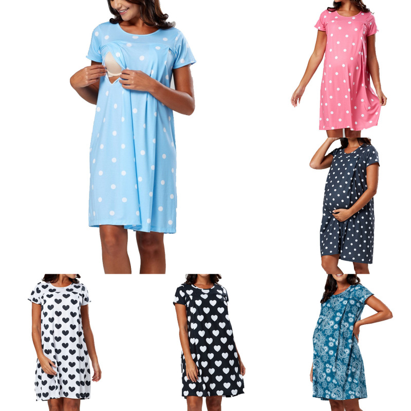 European and American Popular Wave Dot Printing Pregnant Women's Delivery Hospital Dress Short Sleeve Side Hidden Opening Lactation dress