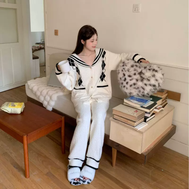 秋冬款加厚软绵绵半边绒睡衣女士简约开衫小香风羽毛纱家居服