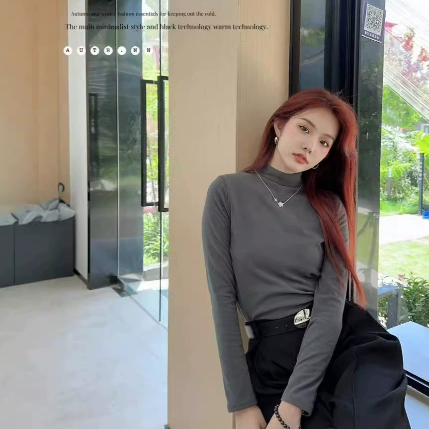 Плюшевый толстый сплошной цвет, новый тонкий с длинными рукавами, наполовину высокий воротник, нижнее осеннее и зимнее платье тонкая горячая девушка оптом