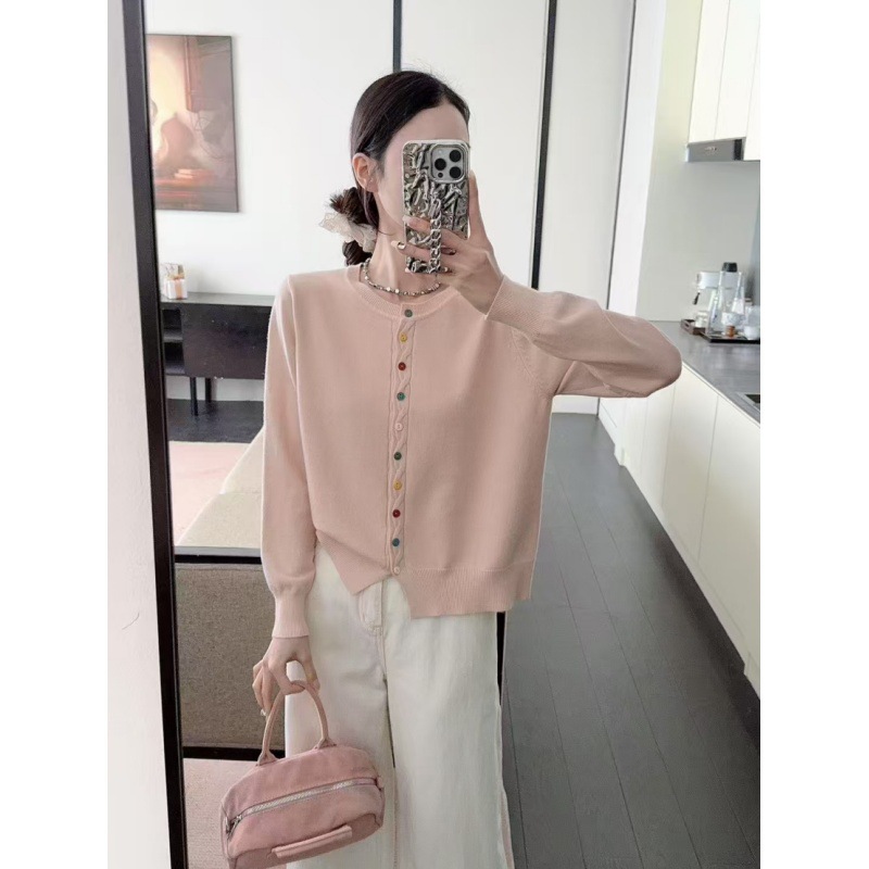 秋季精致麻花彩扣针织衫女圆领开衫长袖彩扣显瘦宽松纯色上衣外套