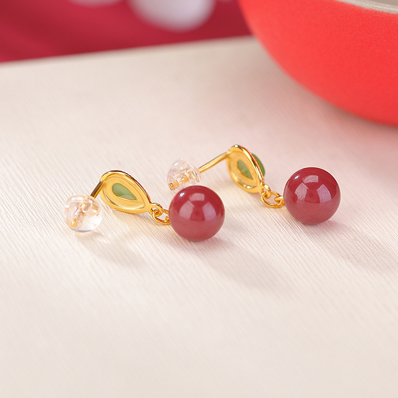Khuyên tai nữ bạc S925 mạ vàng đính đá jasper hạt tròn hình giọt nước — Một cặp