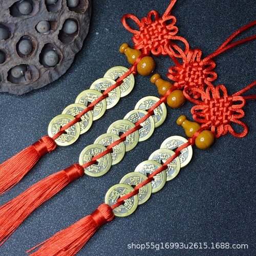 Wholesale Factory Copper Coin Five Emperors Coin Pendant Chinese Knot Car Ornament Feng Shui Decorative Item Peach Wood Craftsmanship