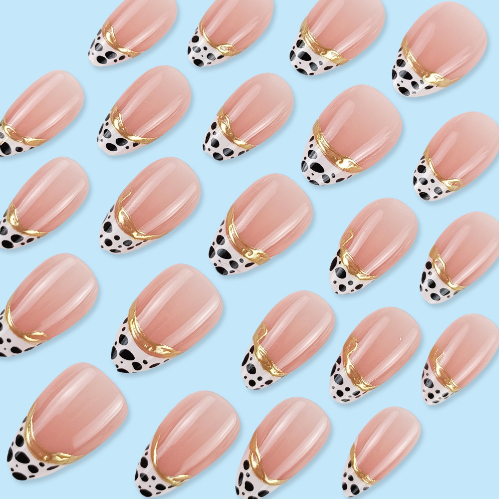 30 piezas de uñas tridimensionales en 3D dorado Parche corto de uñas de almendra con estampado de leopardo simple arte de uñas francés en relieve