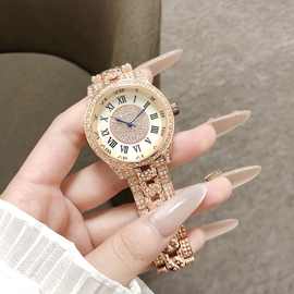 新款玫瑰金满钻表复古罗马刻度设计石英机芯满钻链条腕表厂家直供