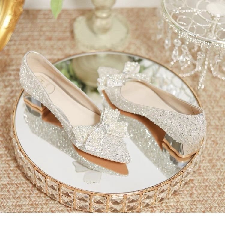 Flat-Soled Chunky High-Heeled Shoes, Wedding Shoes, Bridal Shoes, Main Wedding Dress Shoes, Crystal Shoes, Mid-Heel Shoes, Comfortable for Pregnant Women, Not Tiring on the Feet