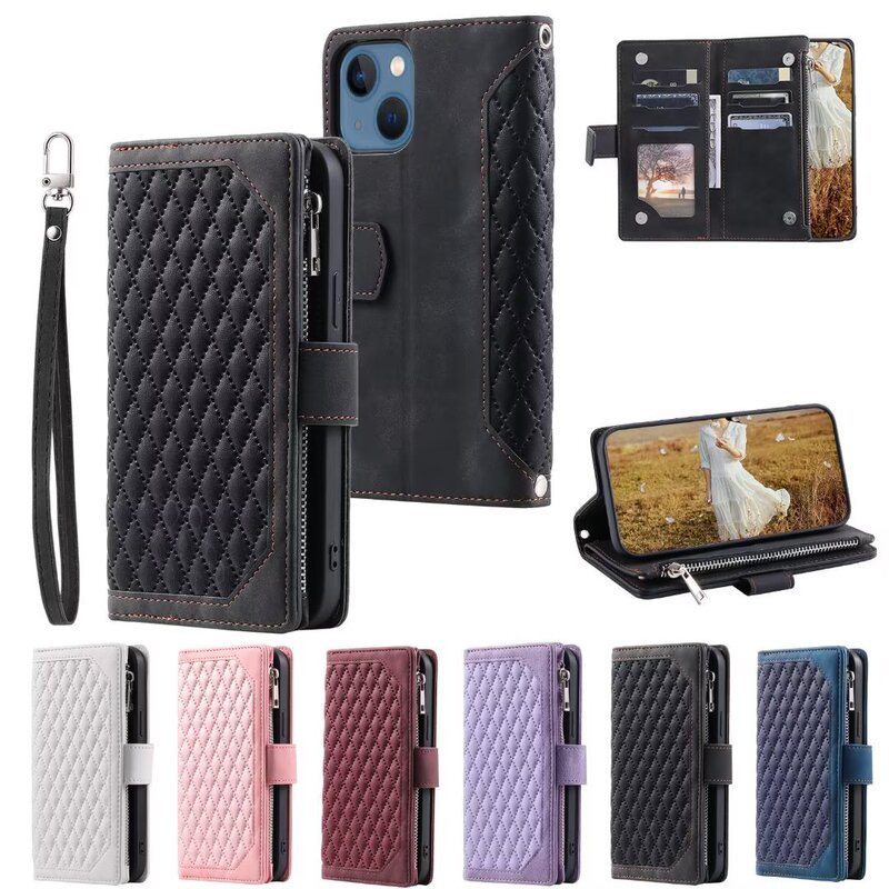 Suitable for Iphone16 Diamond Plaid Zipper Pressed Mobile Phone Leather Case Apple 15 Multi-Card Wallet Card Protective Cover